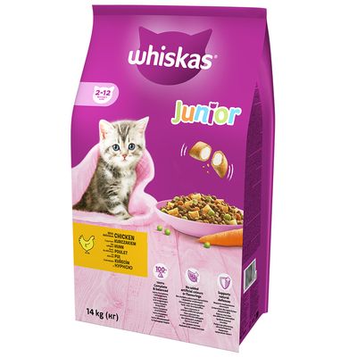 Whiskas Junior Chicken Cat - храна со пилешко месо за млади мачиња на возраст од 2-12 месеци, бремени мачки и мачки кои дојат